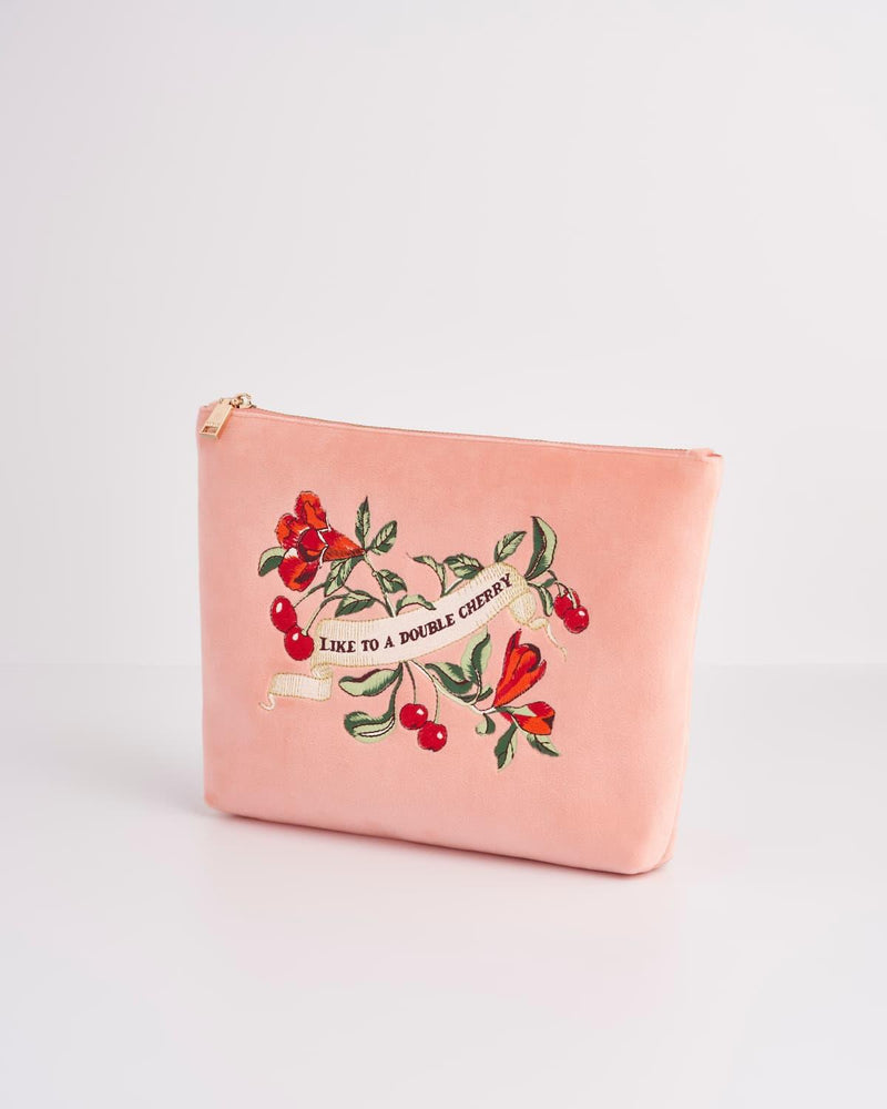 Midsummer Dream Cherry Embroidered Peach Velvet Pouch