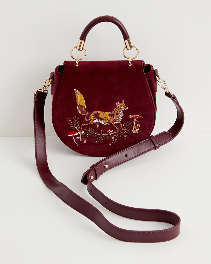 Fox & Mushroom Velvet Embroidered Saddle Bag - Redcurrant