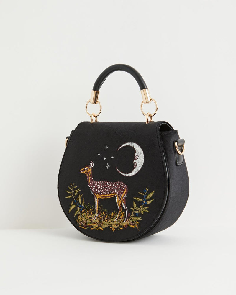 Deer & Moon Velvet - Embroidered Saddle Bag Black