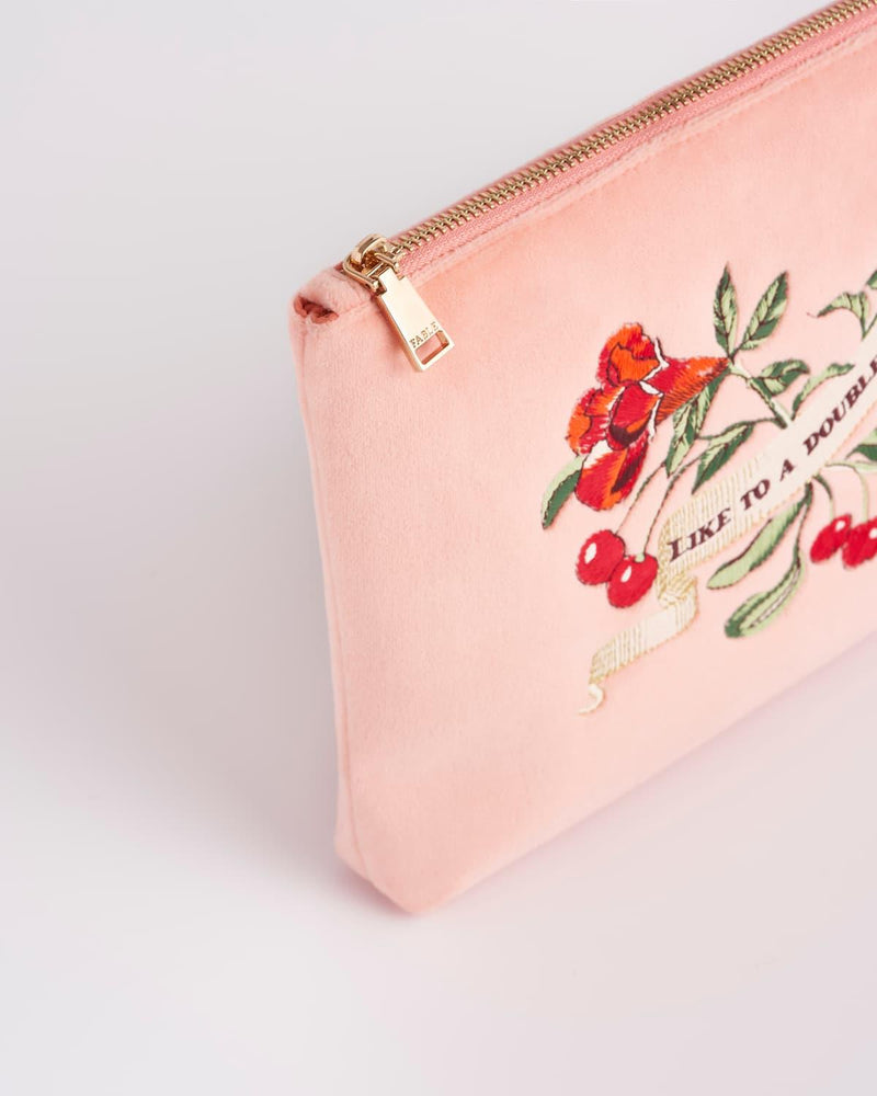 Midsummer Dream Cherry Embroidered Peach Velvet Pouch