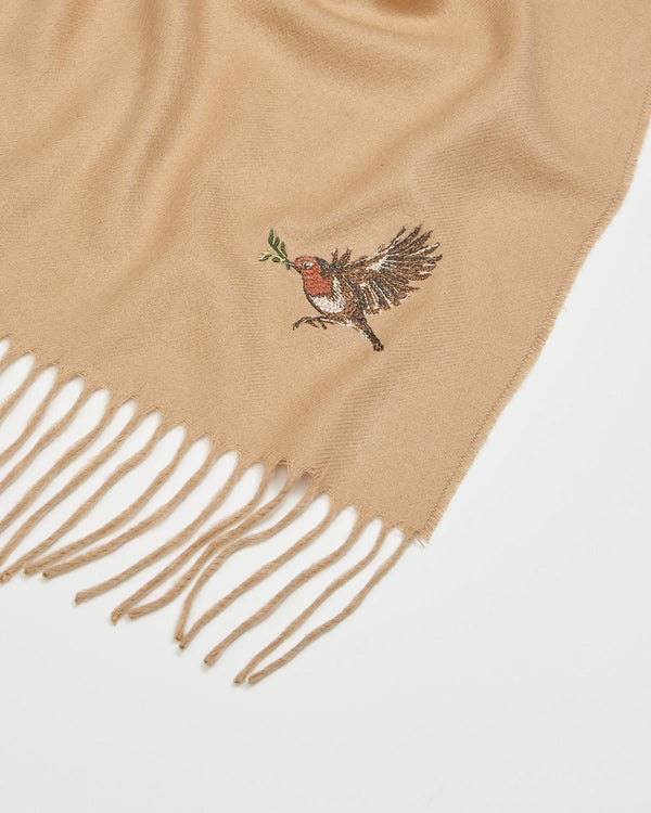 Robin Embroidered Cosy Camel Scarf