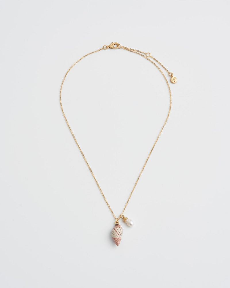 Spiral Shell and Pearl Worn Gold Short Necklace