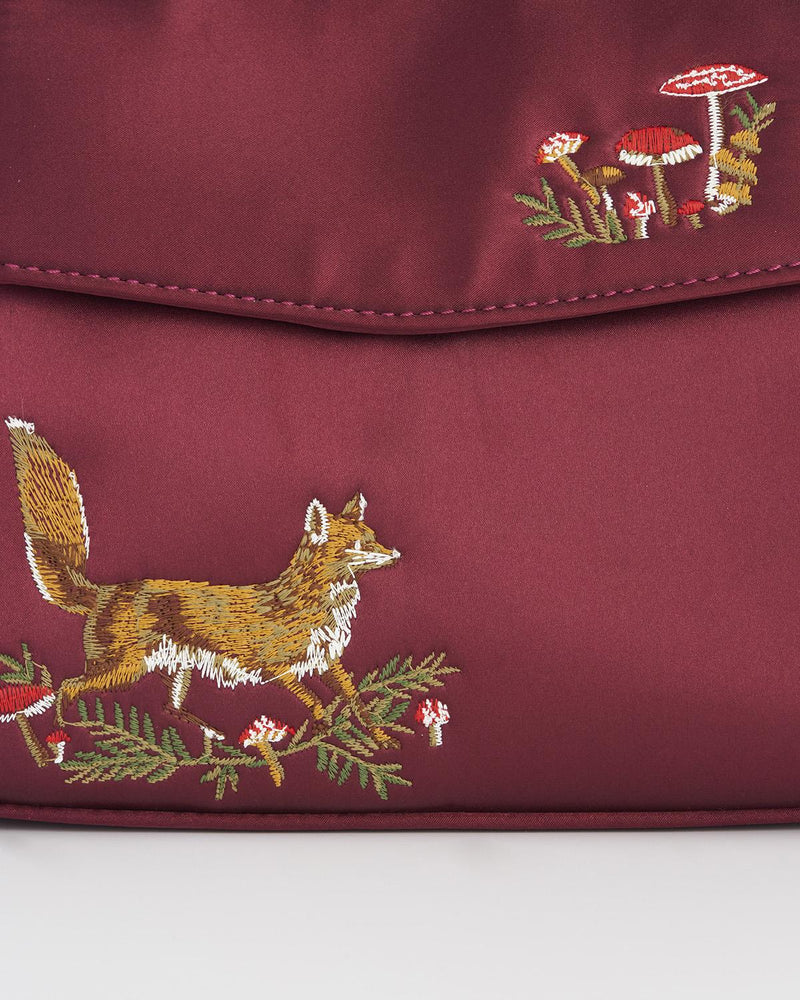 Fox & Mushroom Embroidered Burgundy Satin Tote