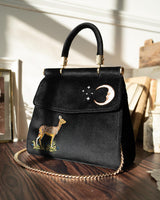 Deer & Moon Embroidered Black Velvet Tote