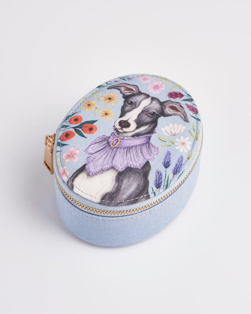 Catherine Rowe Pet Portraits Whippet Blue Oval Jewellery Box