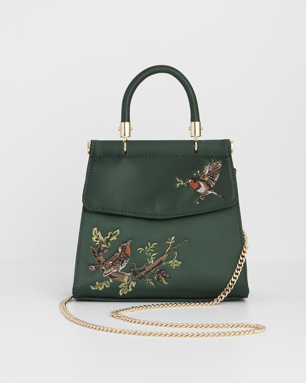 Robin Love Embroidered Green Satin Tote