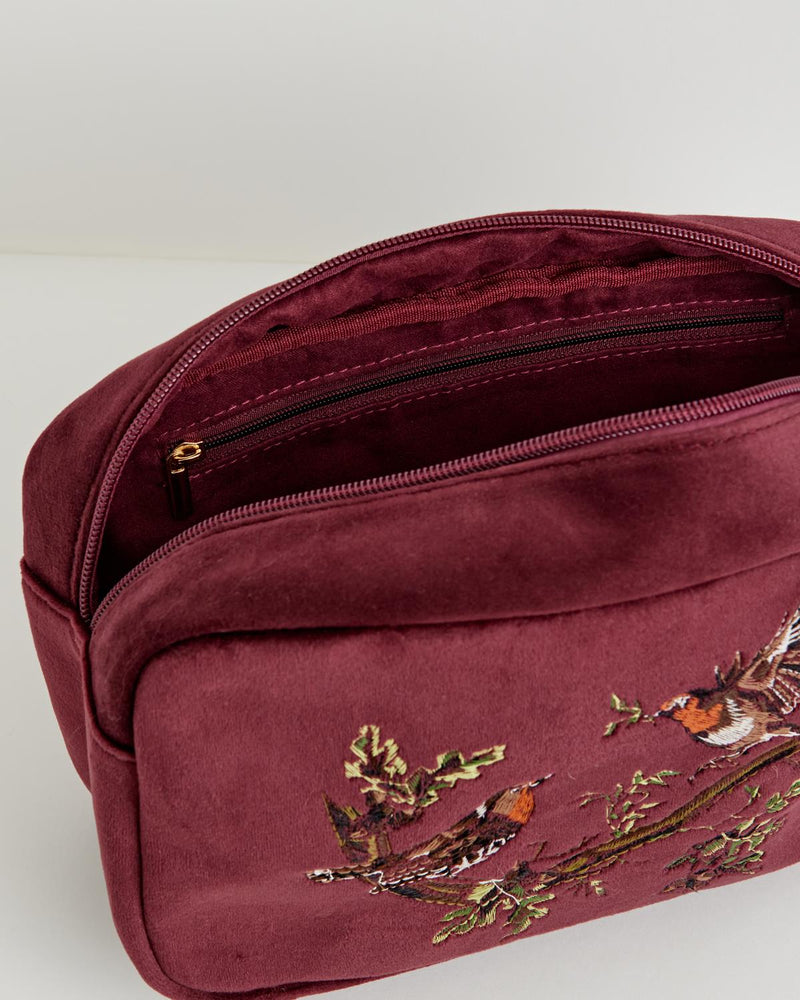 Robin Love Embroidered Pouch Redcurrant Velvet