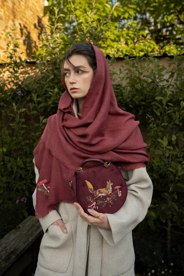 Mushroom Embroidered Burgundy Pashmina Scarf