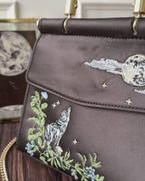 Wolf & Moon Embroidered Charcoal Satin Tote